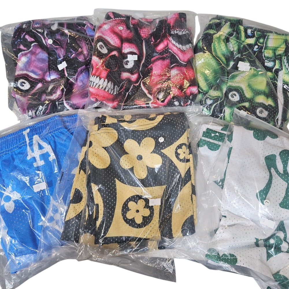 Men's Mesh Drawstring With Front Pockets: LA, NY, Skulls, Flower Pattern NIB